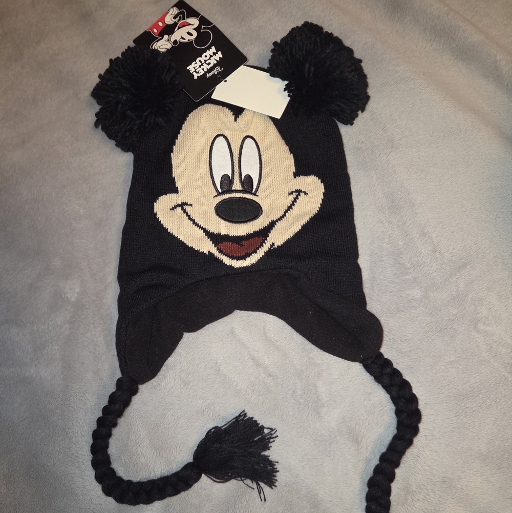 Disney Black Mickey Mouse Pom-Pom Earflap Knit Hat